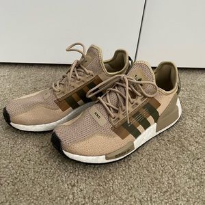 Adidas NMD_R1 V2 Shoes in Beige with Olive Stripes